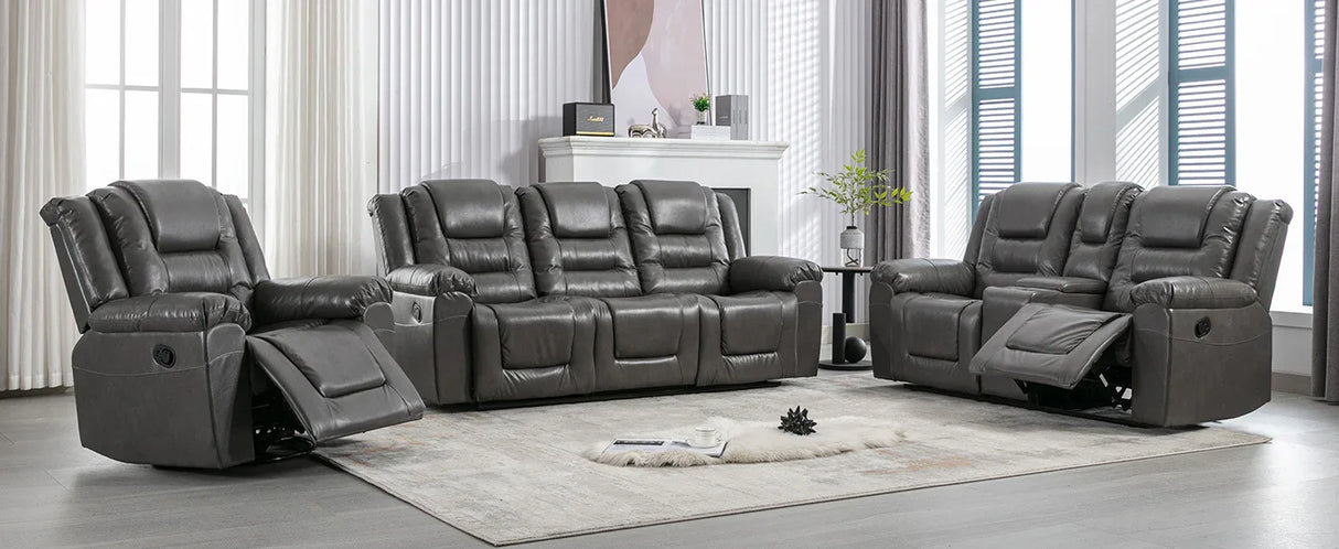 Grey Manual PU Upholstered Home Theater Recliner Chair Set - Omega Lifestyles