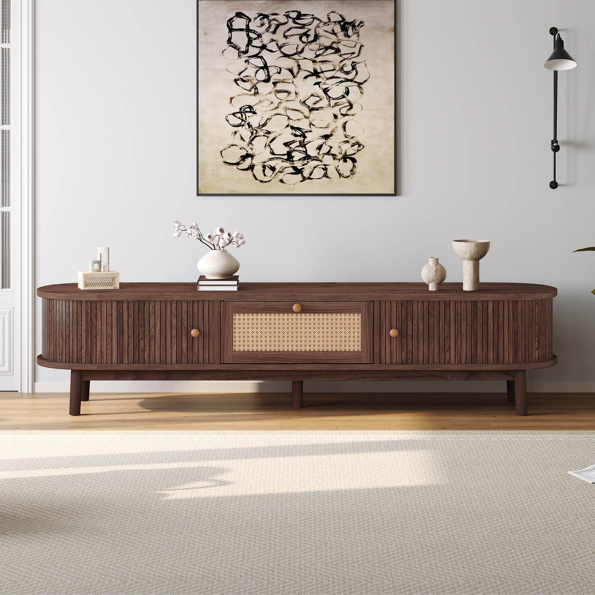 Modern Solid Wood Rattan Media Console TV Stand - Sleep Galleria