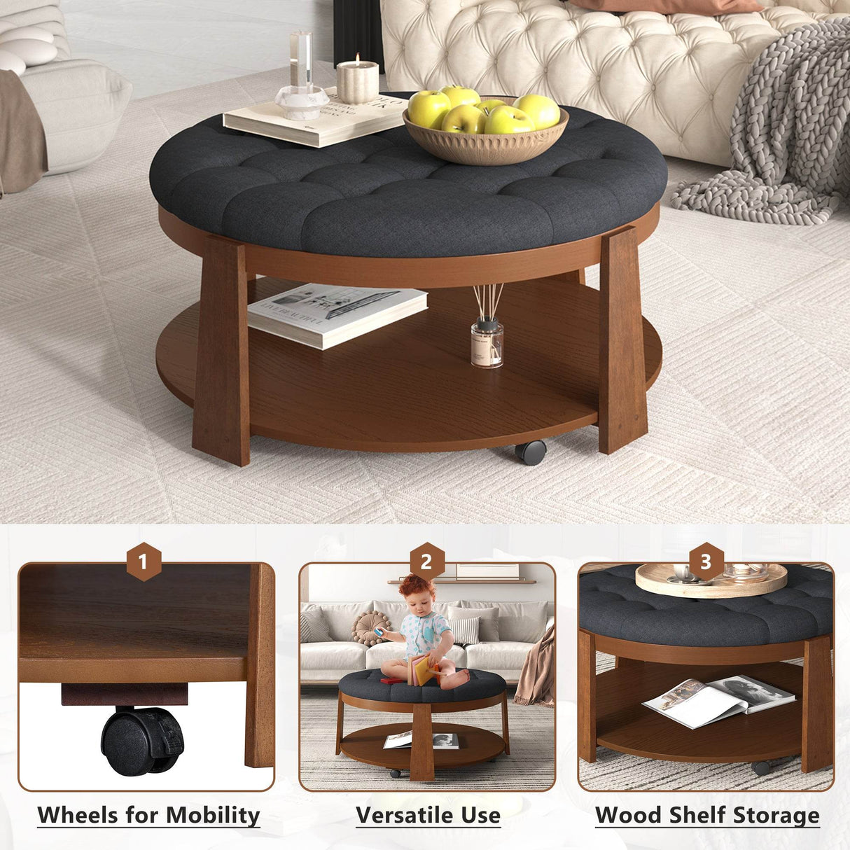 Modern Large Round Upholstered Ottoman Coffee Table - Sleep Galleria