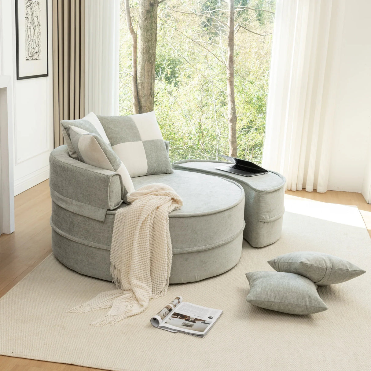 Modern Chenille Upholstered Barrel Accent Chair With Ottoman - Omega Lifestyles