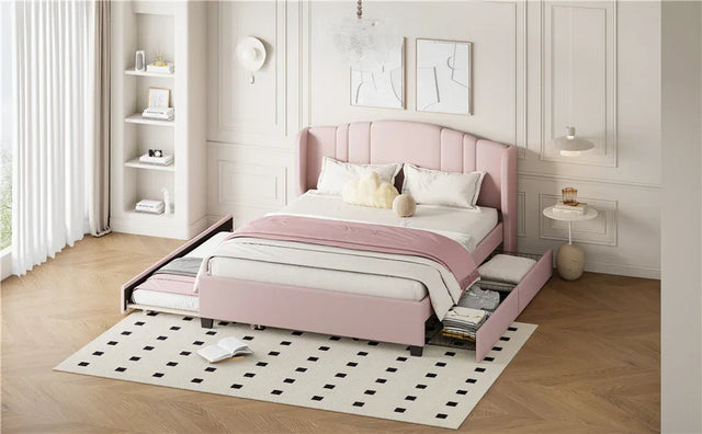Queen Upholstered Linen Platform Bed With Trundle Drawers - Omega Lifestyles