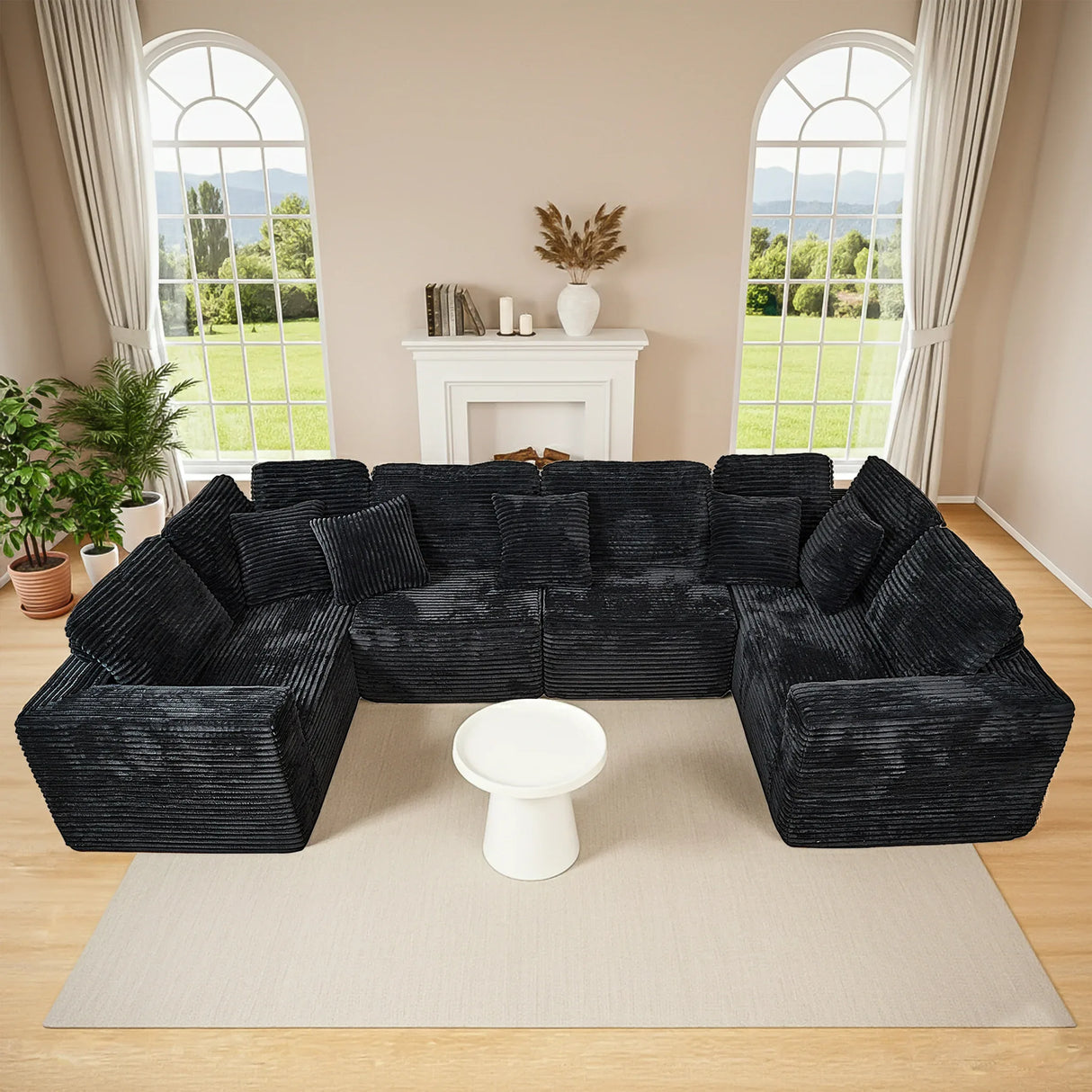 Modular U-Shaped 6-Seater Plush Corduroy Sectional Sofa - Omega Lifestyles