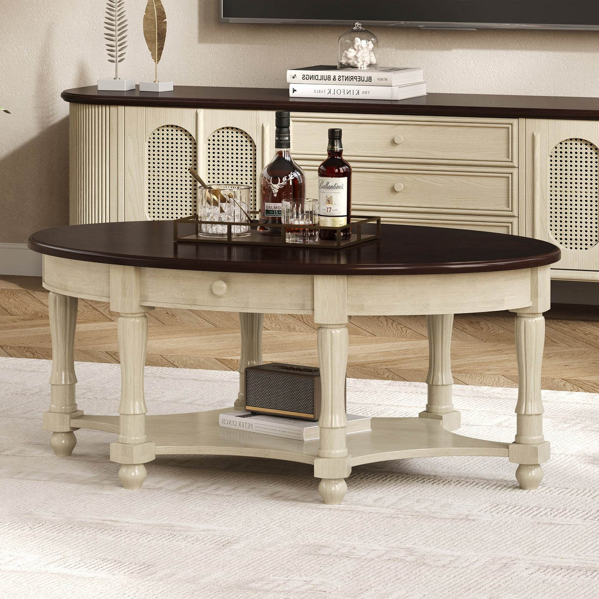 Vintage Oval Coffee Table With Drawer And Storage Shelf - Sleep Galleria