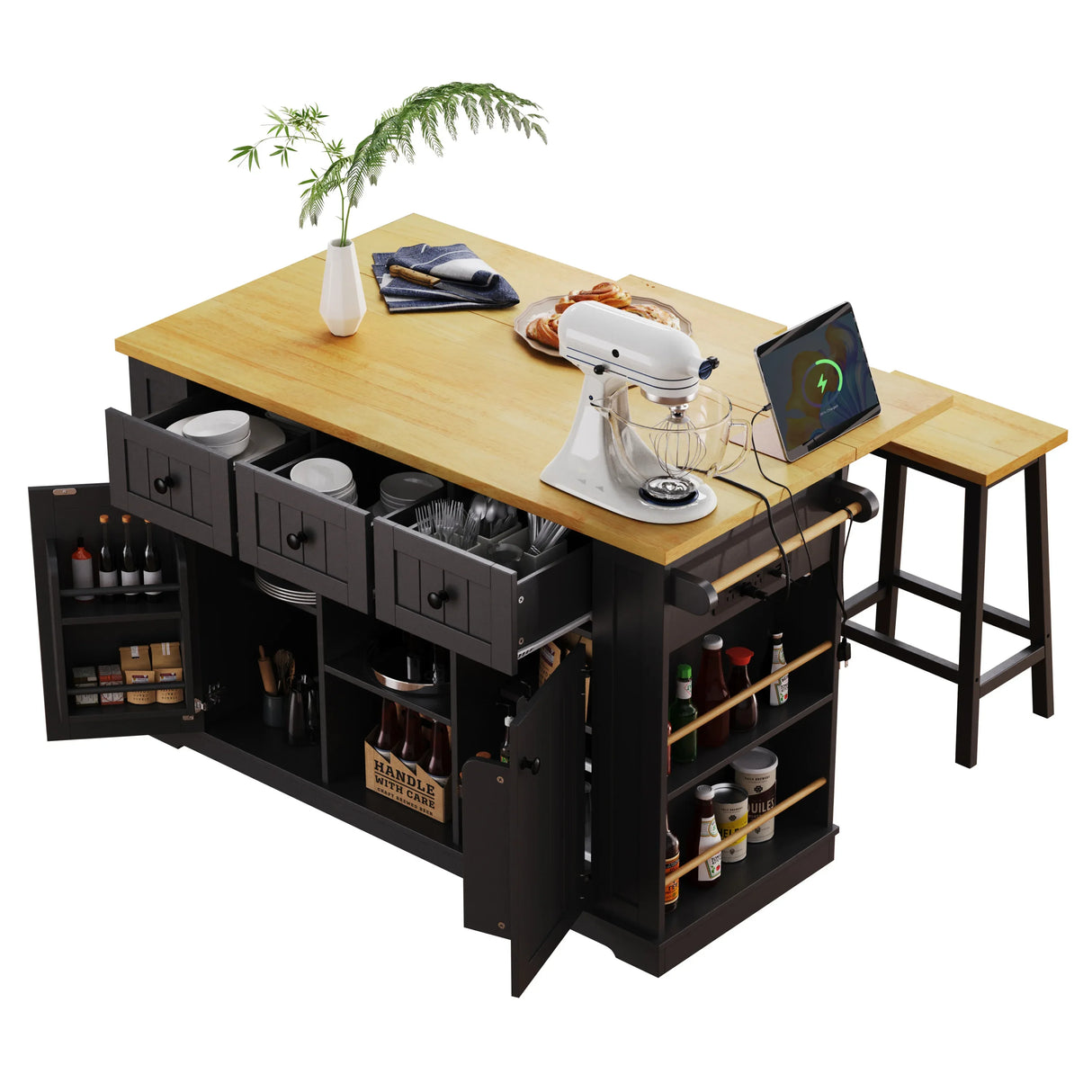 Large Kitchen Island Cart With Drop Leaf And Power Outlet - Omega Lifestyles