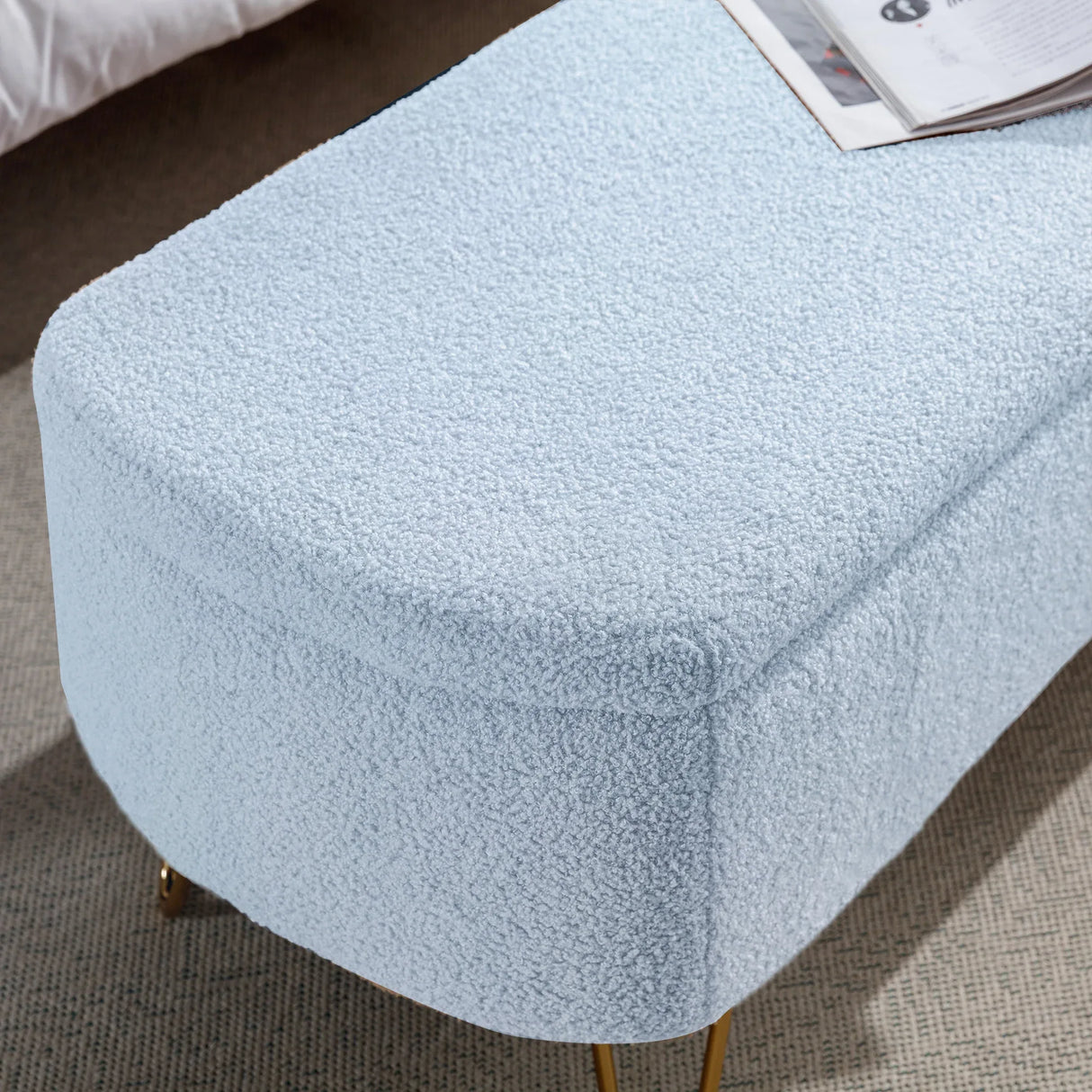 Blue Faux Fur Upholstered Storage Bench With Gold Legs - Omega Lifestyles