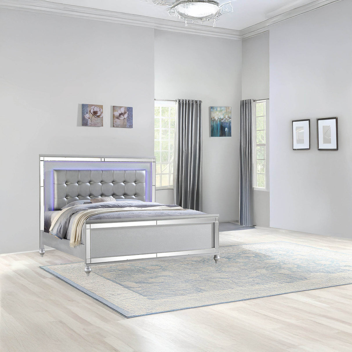 Queen Upholstered LED Bed Frame With Wood