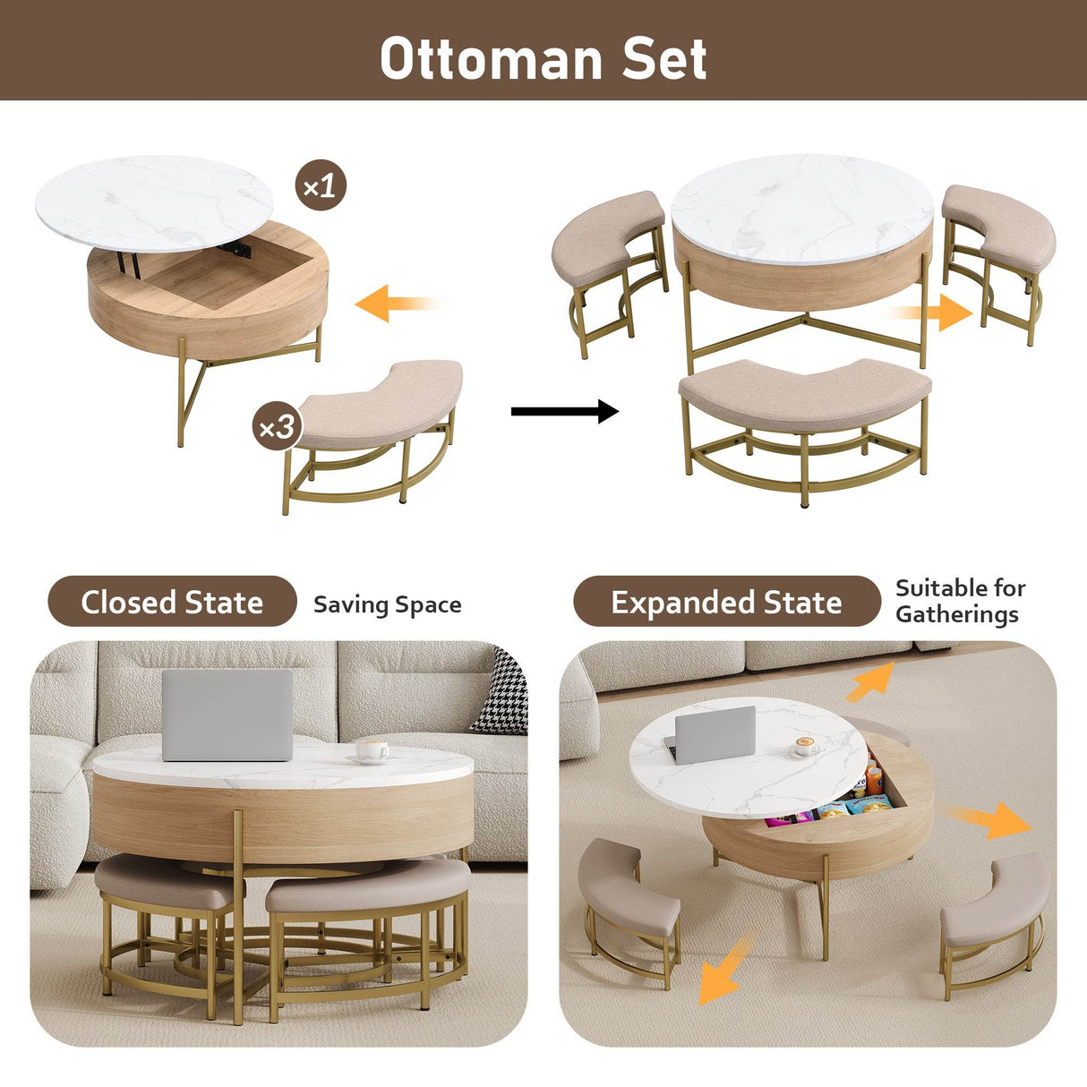 Modern Round Lift-Top Coffee Table With Storage And Ottomans - Sleep Galleria