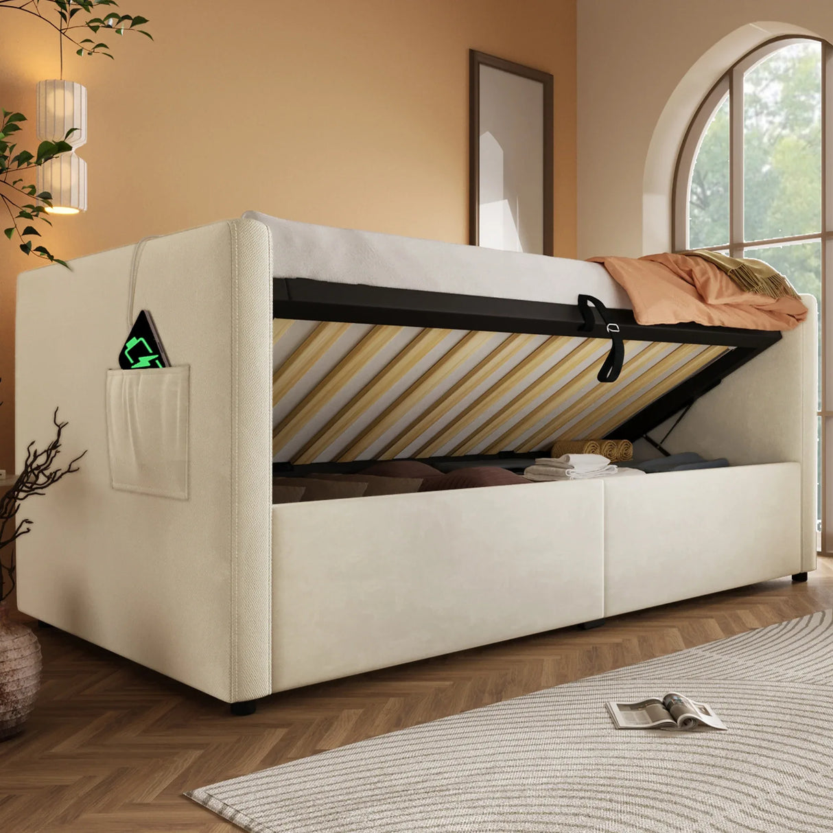 Twin Beige Velvet Upholstered Hydraulic Storage Bed Frame - Omega Lifestyles