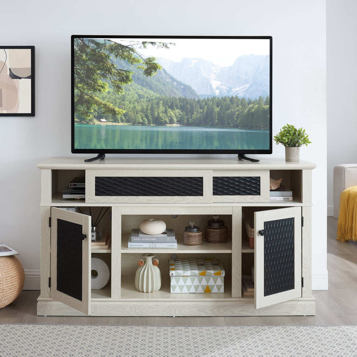 Embossed White MDF TV Stand With Storage and Cord Management - Sleep Galleria