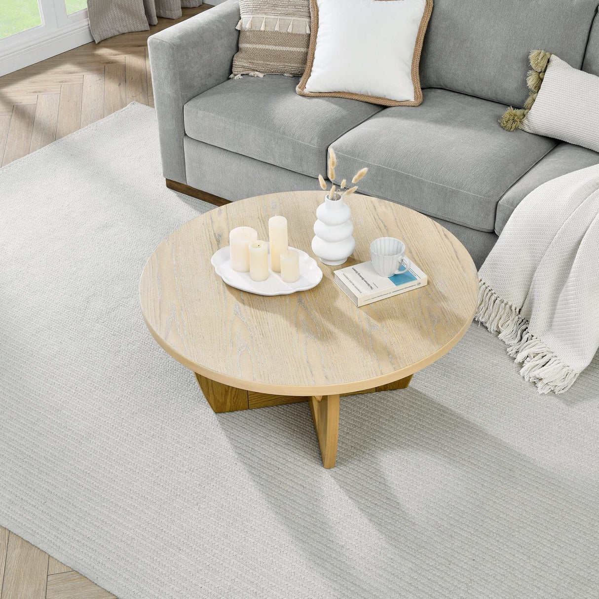 Mid Century Modern 36-Inch Round Oak Coffee Table - Sleep Galleria