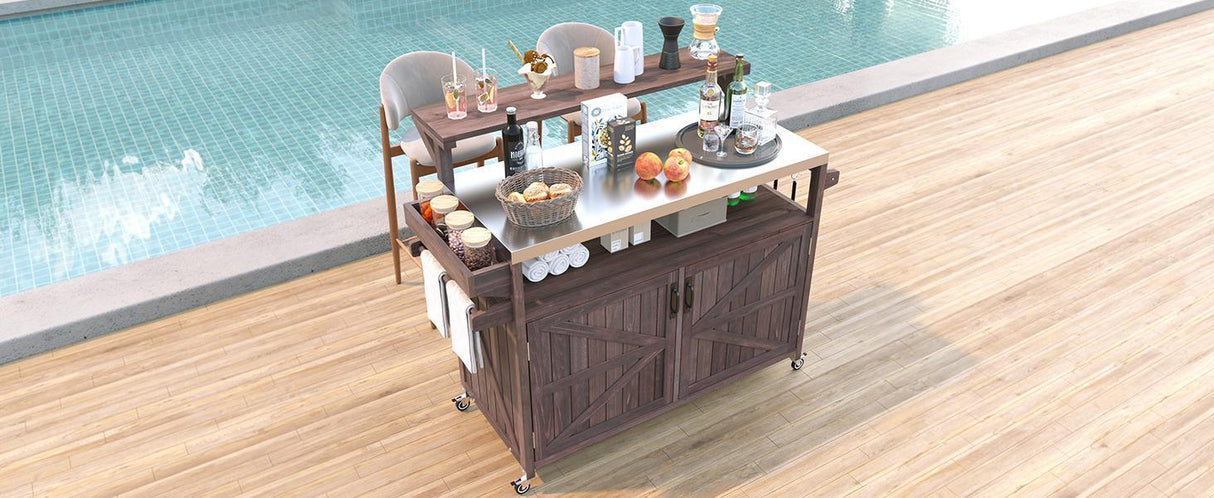 Outdoor Kitchen Island Solid Fir Wood Raised Shelf Cart - Omega Lifestyles