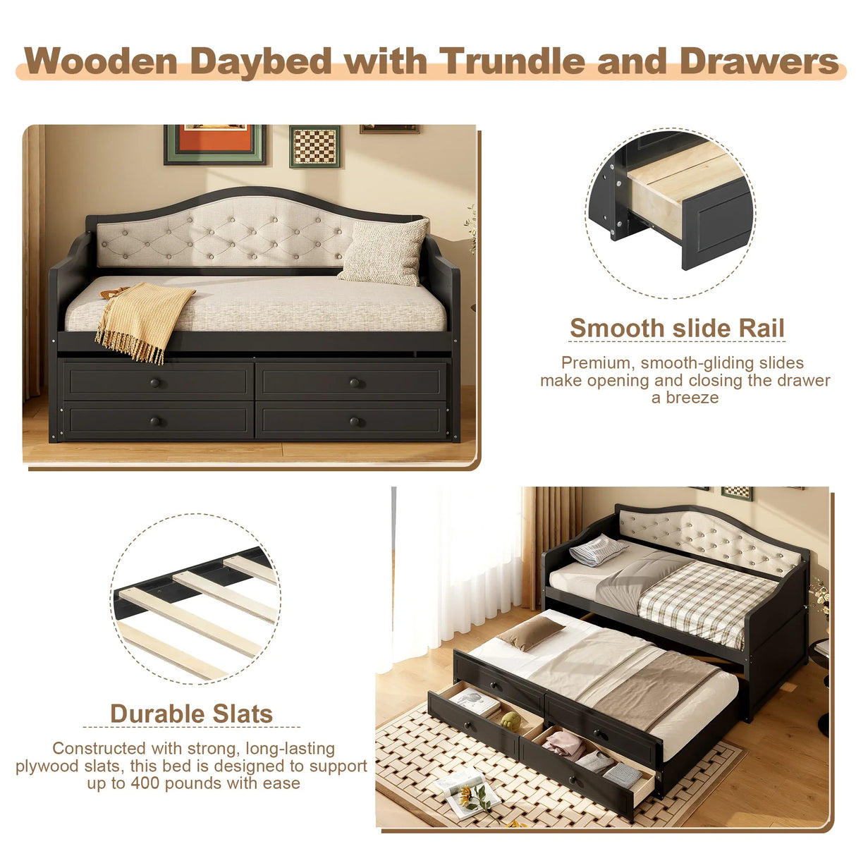 Twin Daybed With Pull-Out Trundle And Storage Drawers - Omega Lifestyles