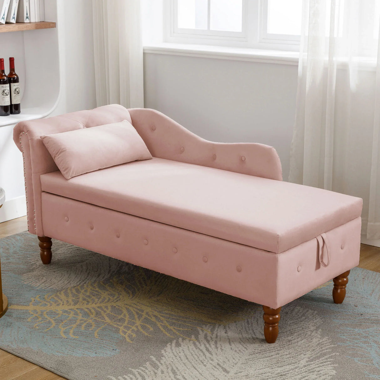 Pink Velvet Storage Chaise Lounge With Pillow - Omega Lifestyles
