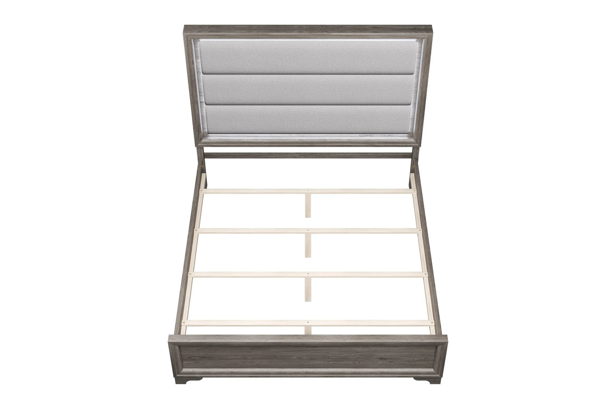 Queen Modern Light Brown Burlap Bed Frame With LED Lights - Omega Lifestyles