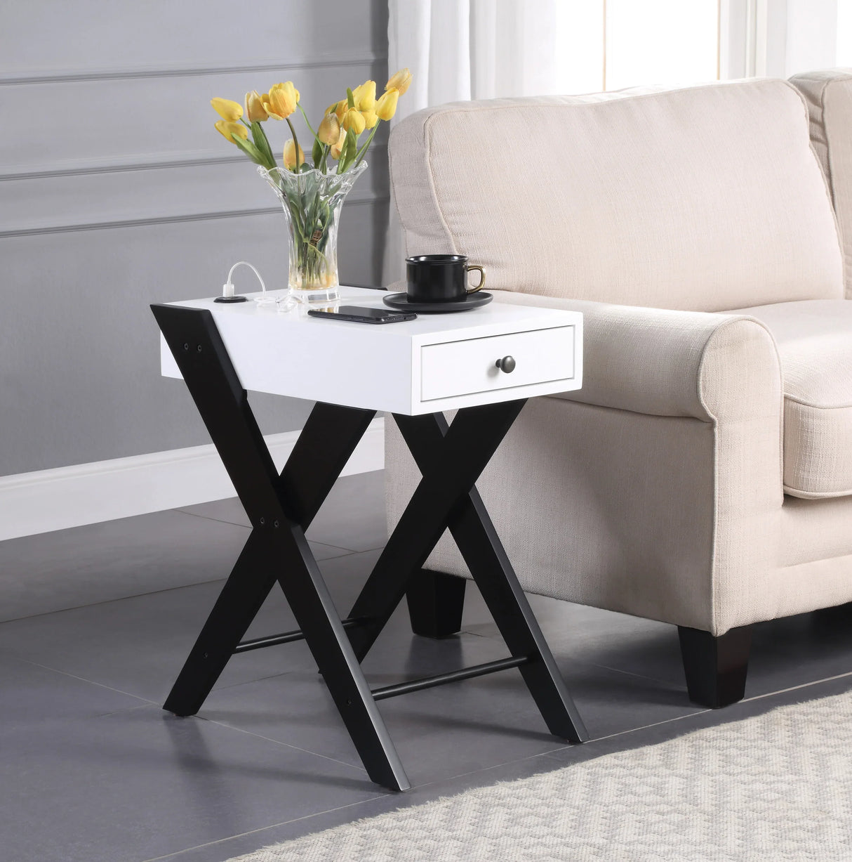 Modern White Black Accent USB Charging Table With Drawer - Omega Lifestyles