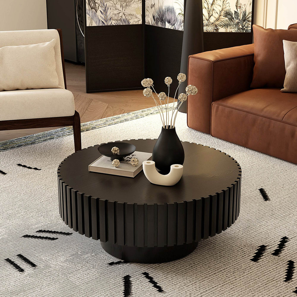 Modern Round Pedestal Coffee Table With Handmade Relief - Sleep Galleria