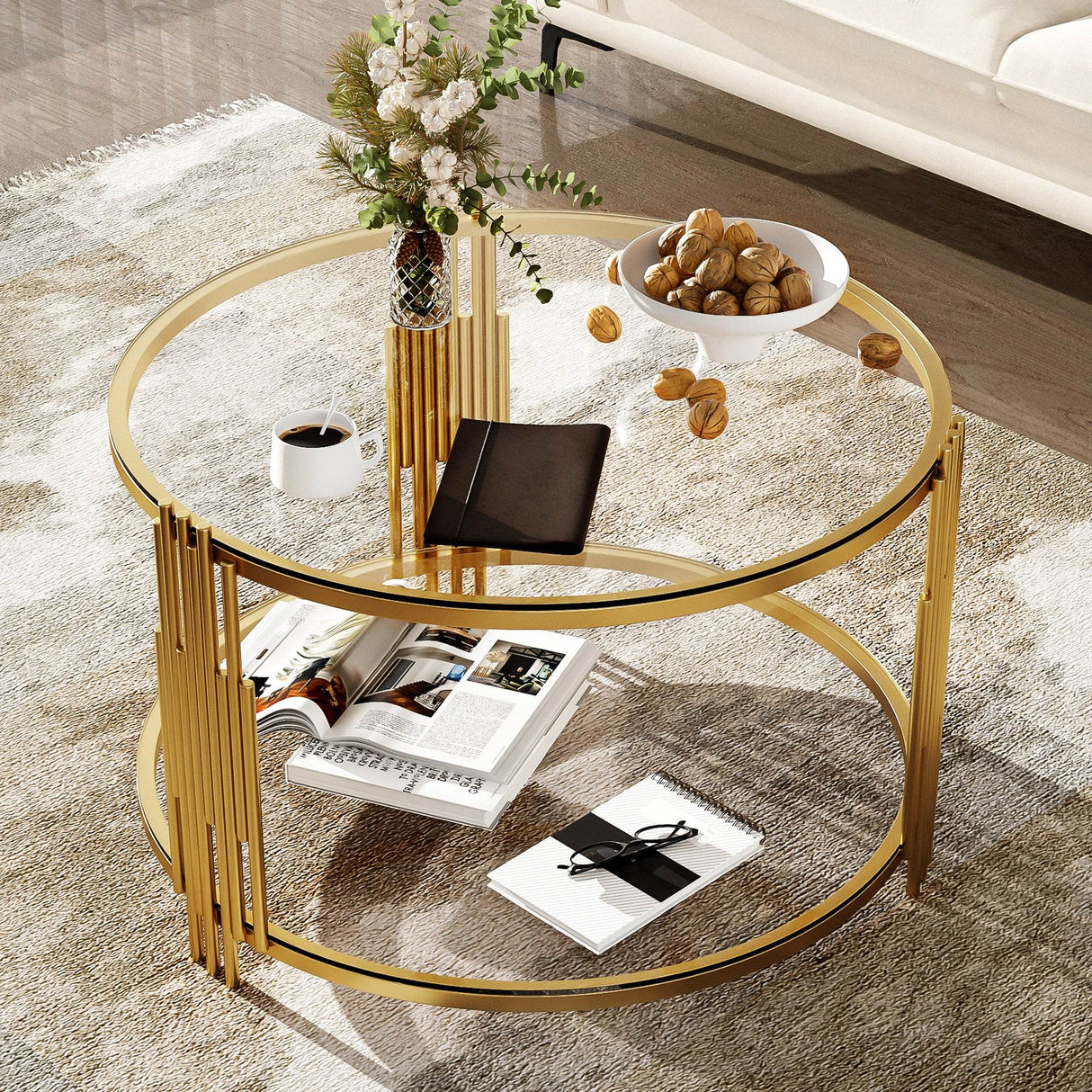 Modern Round Tempered Glass Coffee Table With Shelf - Sleep Galleria
