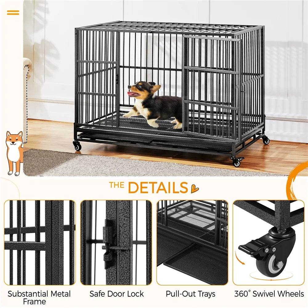 48-Inch Indestructible Rolling Dog Crate with Open-Top Design, Black
