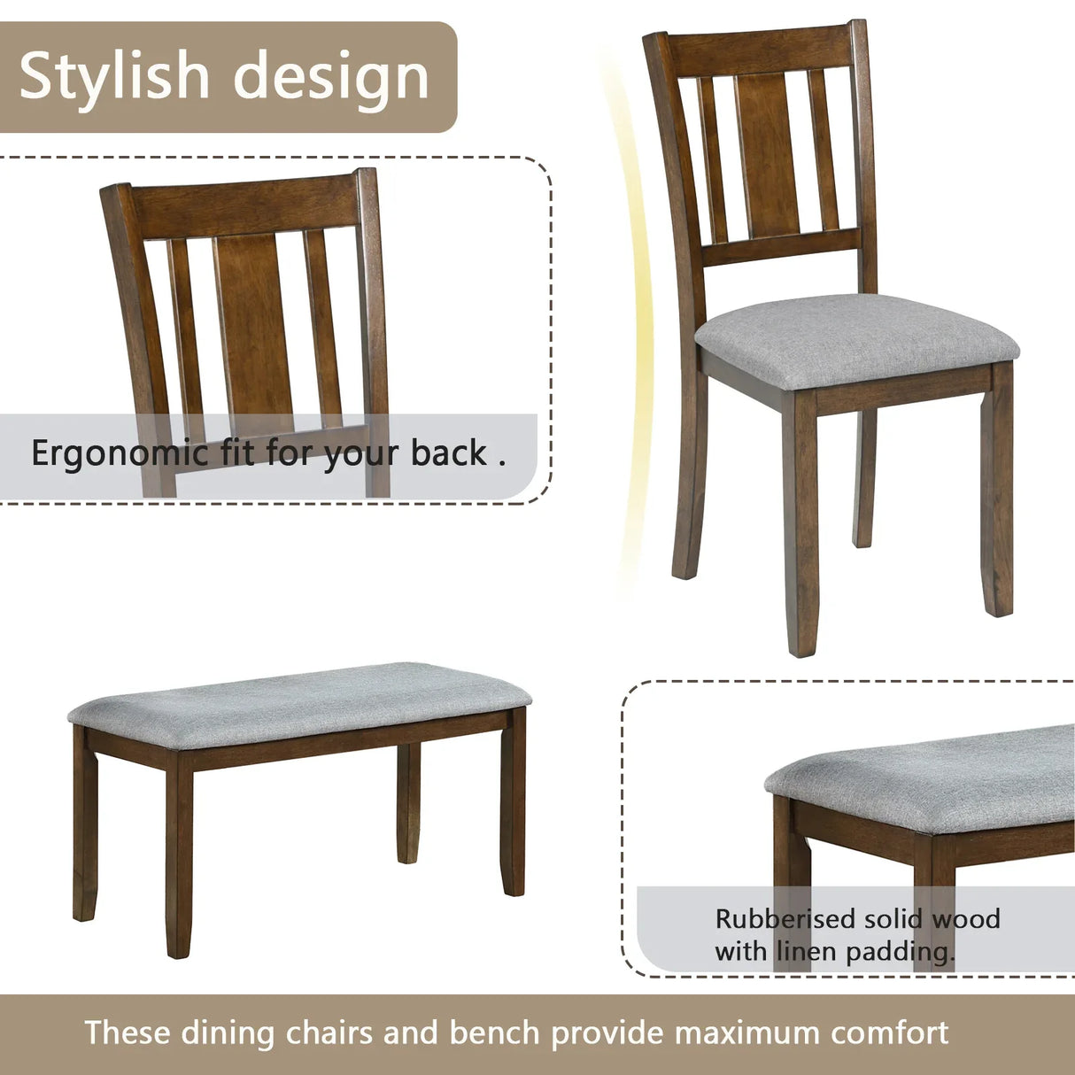 6-Piece Solid Wood Dining Table Set With Bench - Omega Lifestyles