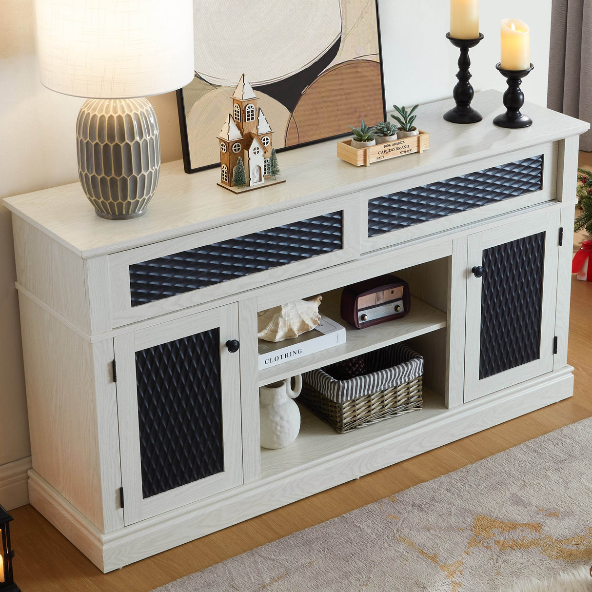 Embossed White MDF TV Stand With Storage and Cord Management - Sleep Galleria