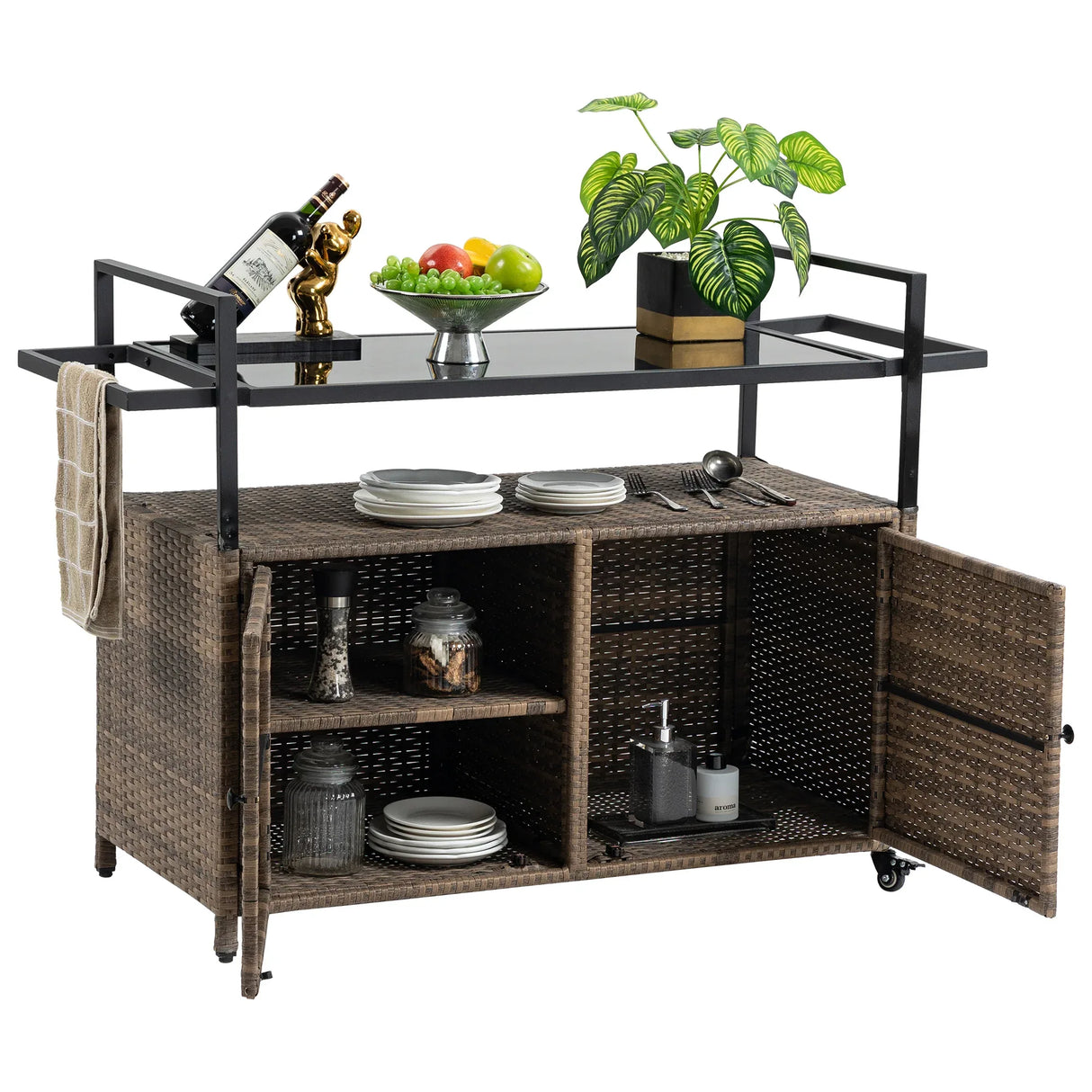 Outdoor Wicker Bar Cart With Glass Top And Wheels - Omega Lifestyles
