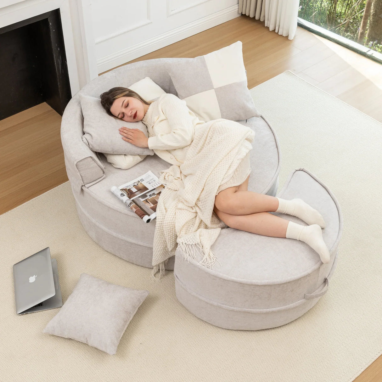 Modern Gray Chenille Barrel Accent Chair With Ottoman - Omega Lifestyles