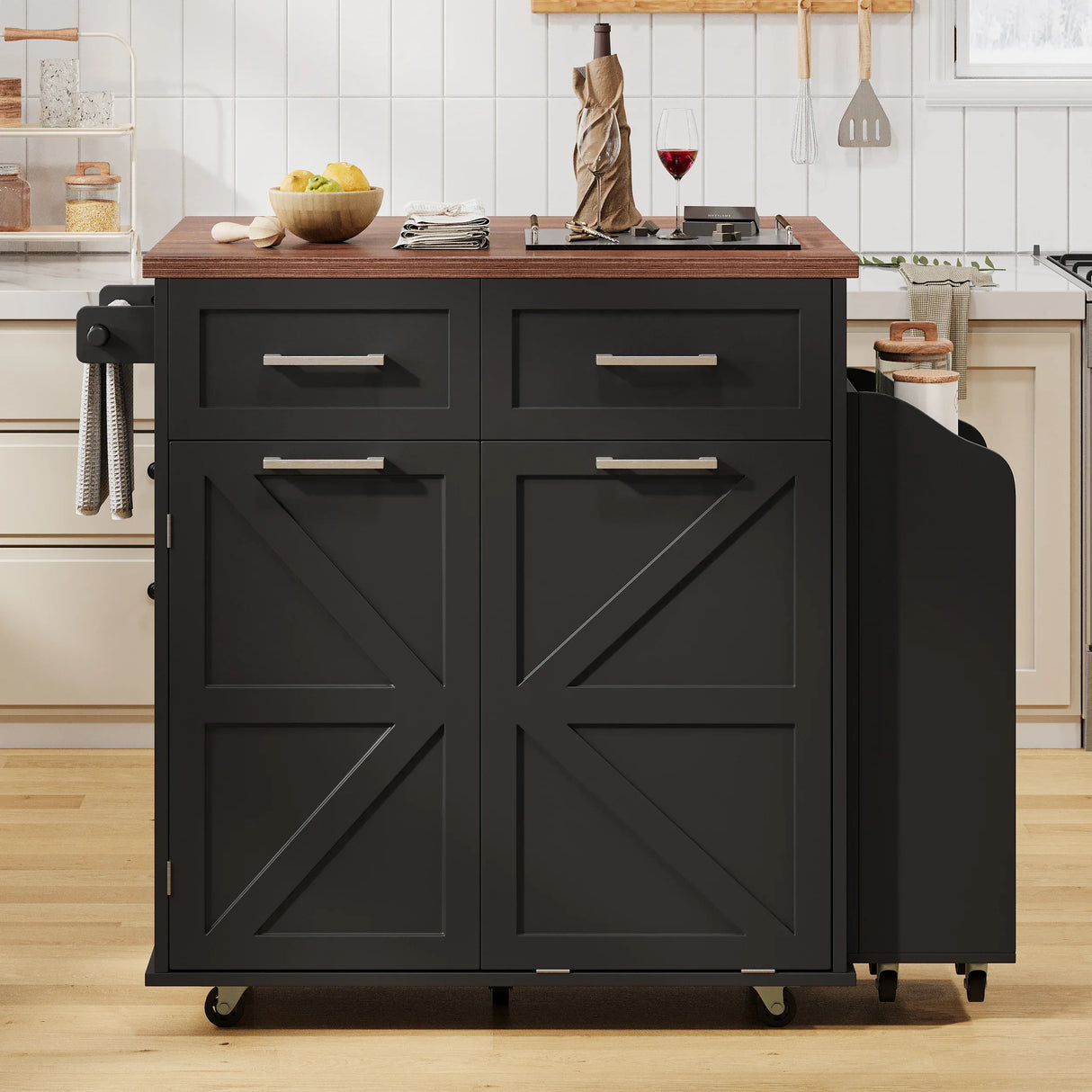 Farmhouse MDF Kitchen Island With Drop Leaf And Storage - Omega Lifestyles