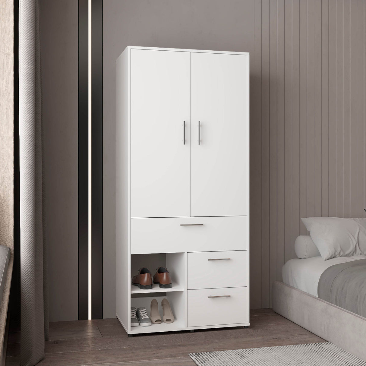 Modern White Double-Door Freestanding Wardrobe Armoire