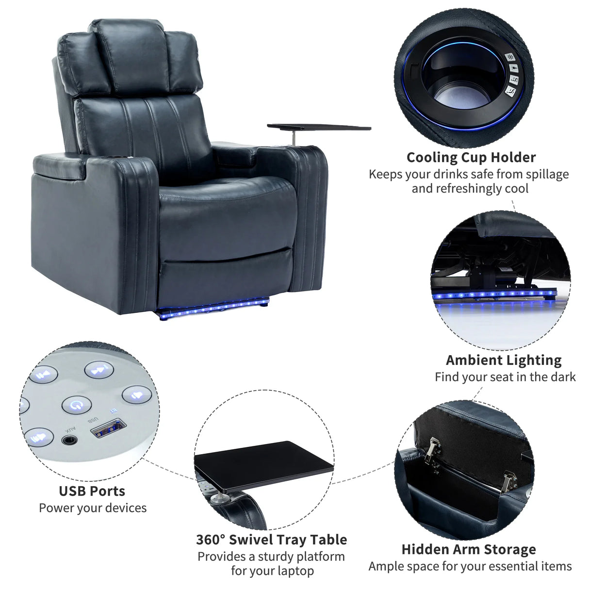 Blue PU Leather Power Recliner Chair With Cooling Cup Holder - Omega Lifestyles