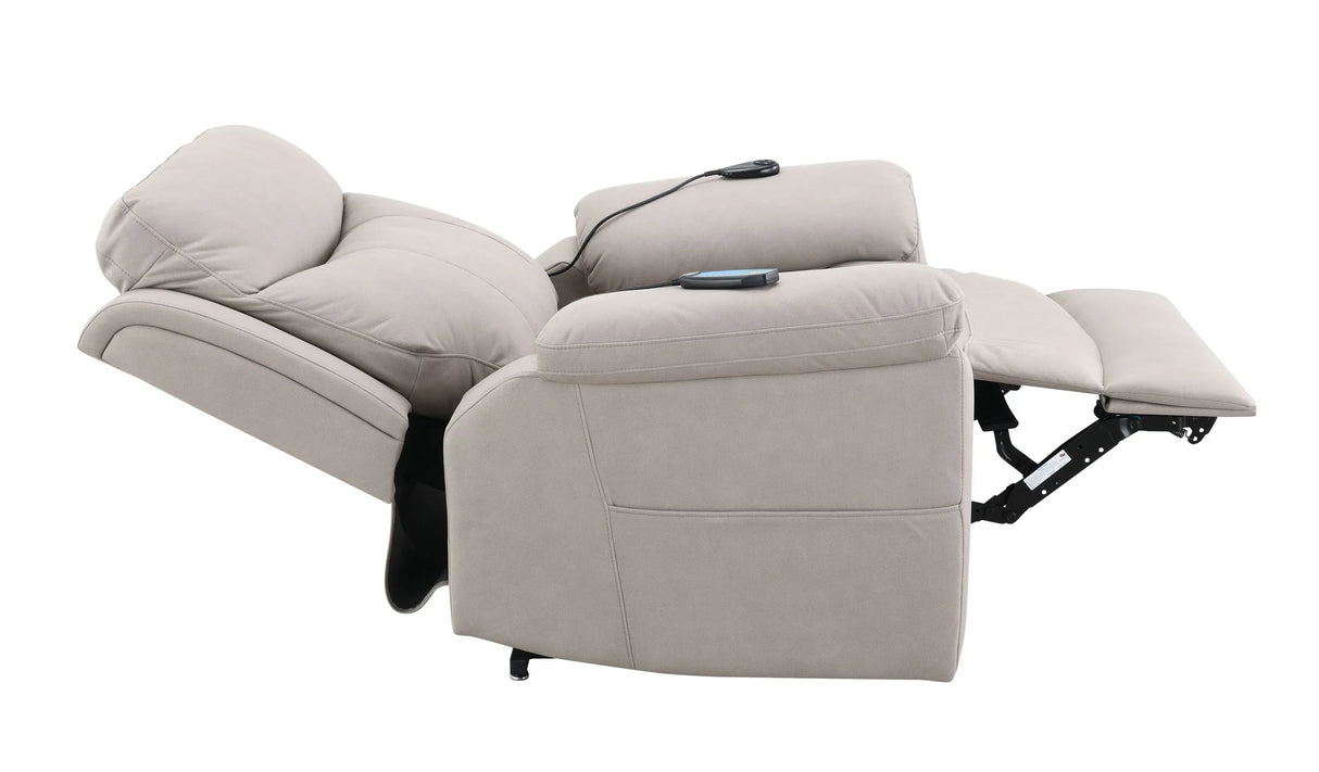 Light Gray Polished Microfiber Power Lift Heating Massage Chair - Omega Lifestyles