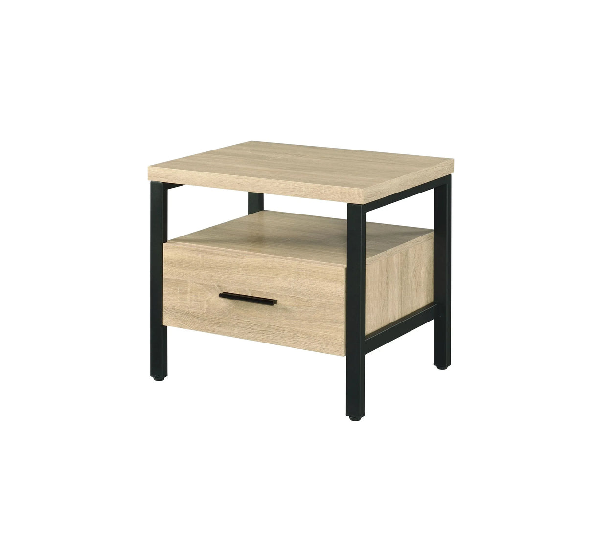 Oak Finish Metal Leg Accent Table With Storage Drawer - Omega Lifestyles