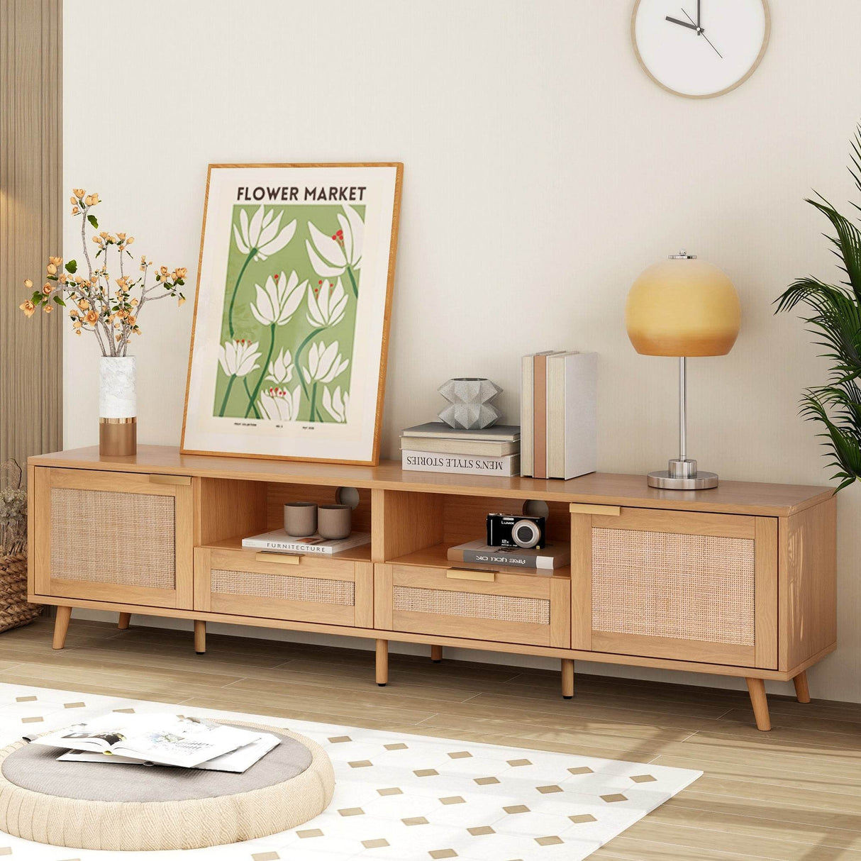 Modern Rattan TV Stand With Storage Cabinets - Sleep Galleria