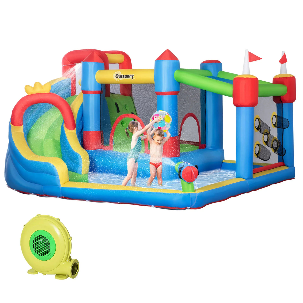 Inflatable Bounce House With Slide Climbing Wall Water Cannon - Omega Lifestyles