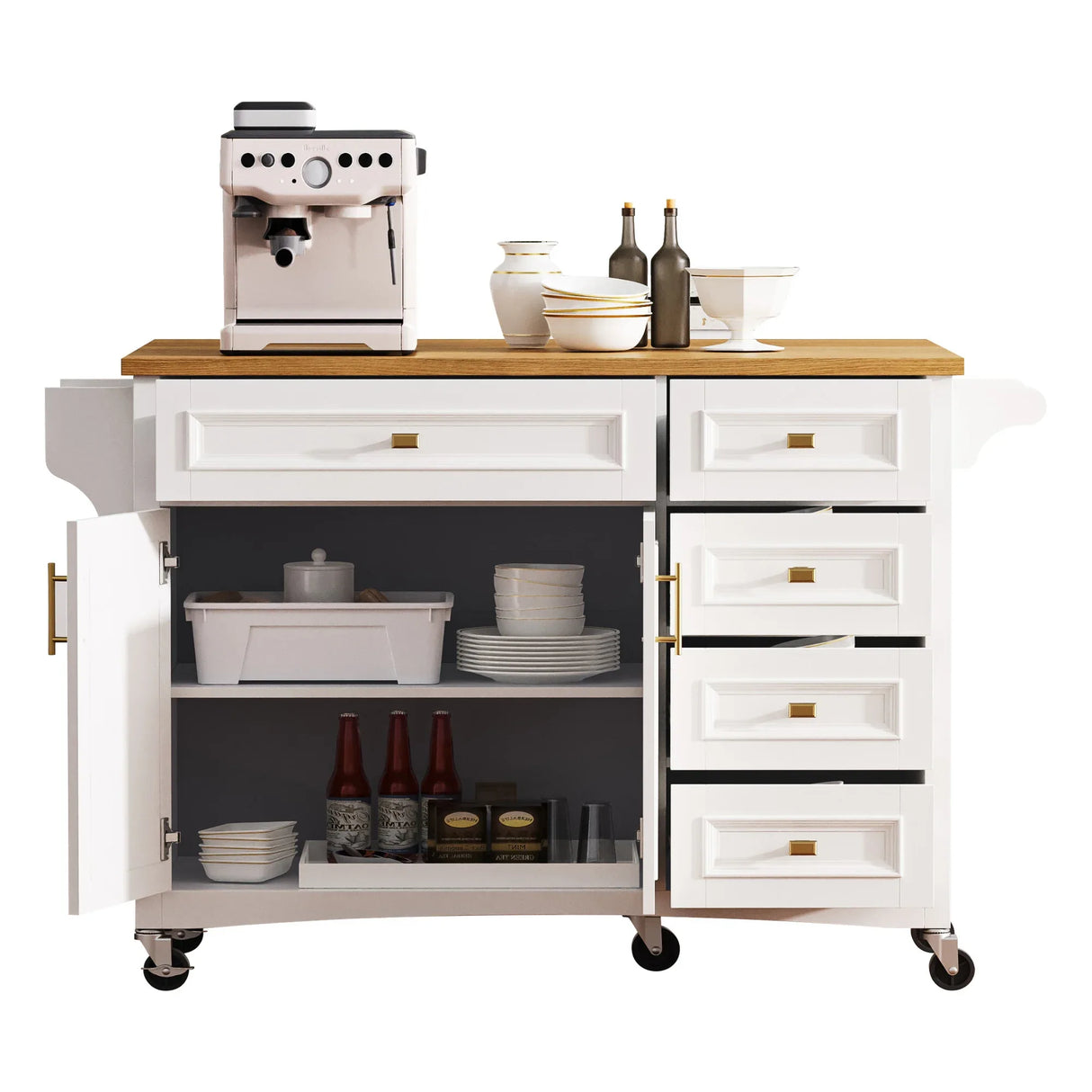 Classic Vintage Embossed White Kitchen Island On Wheels - Omega Lifestyles