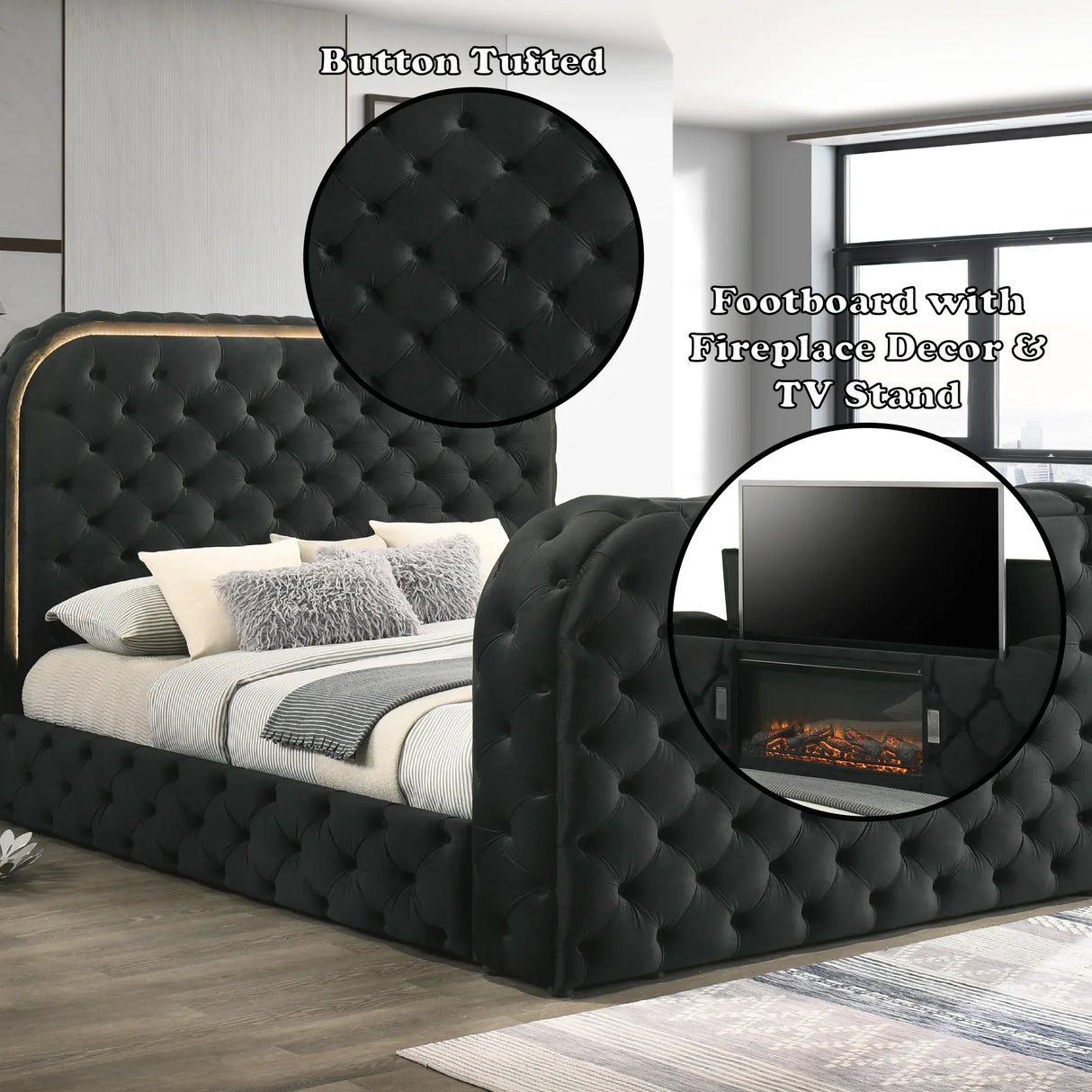 Black Upholstered Eastern King Bed With LED Fireplace Stand - Omega Lifestyles
