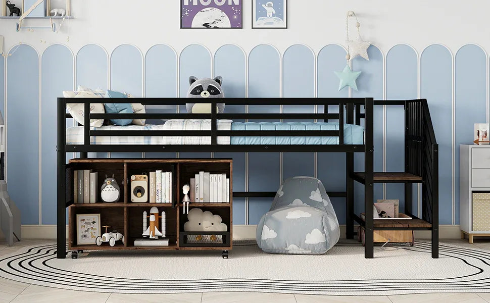 Twin Metal Low Loft Bed With Storage Cubby And Stairs - Omega Lifestyles