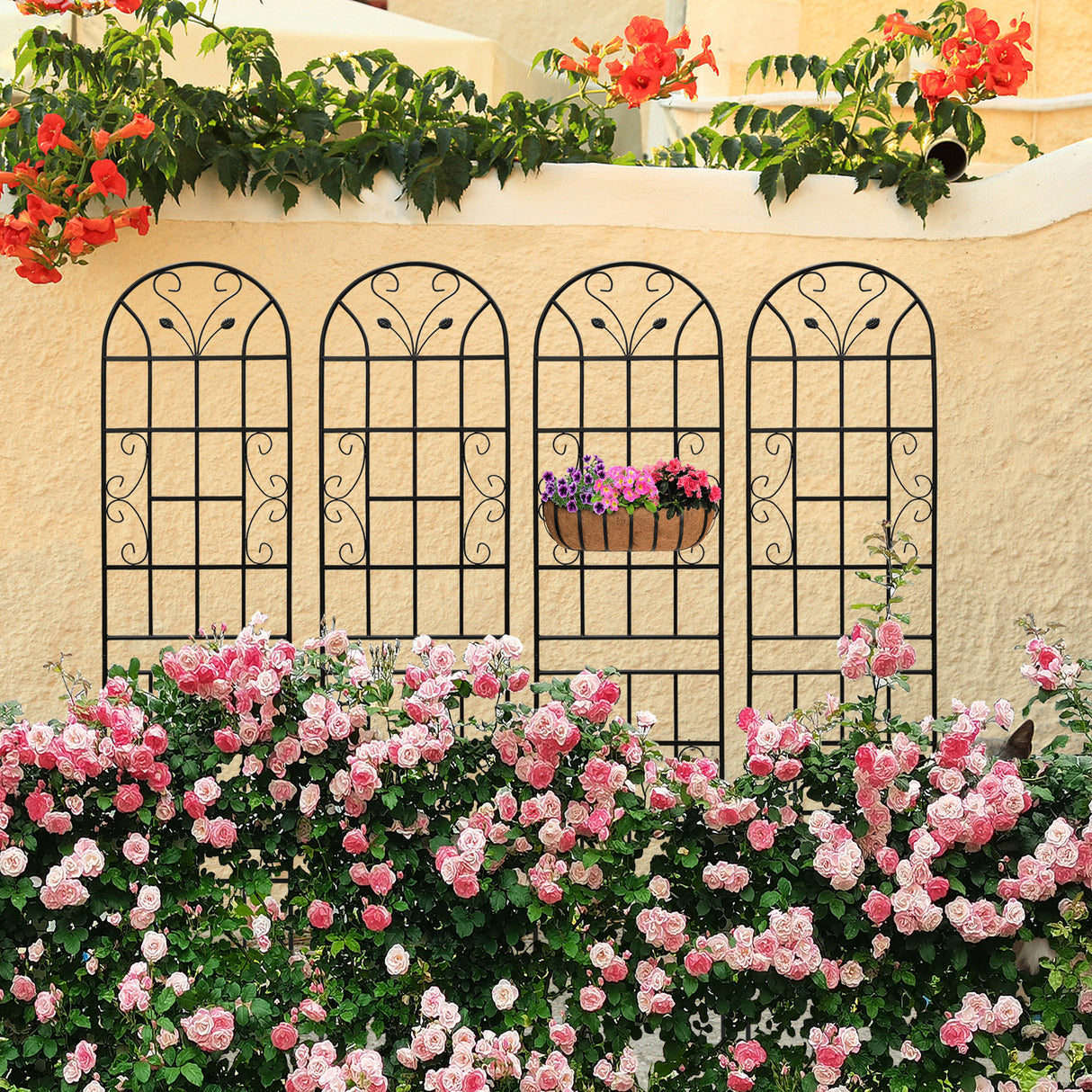 Set Of 4 Black Iron Metal Garden Trellis 86.7-Inch