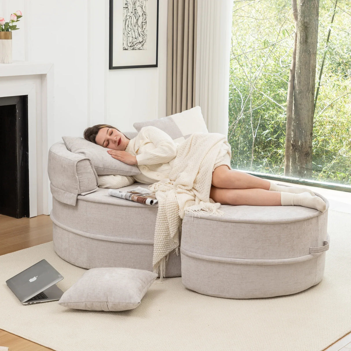 Modern Gray Chenille Barrel Accent Chair With Ottoman - Omega Lifestyles