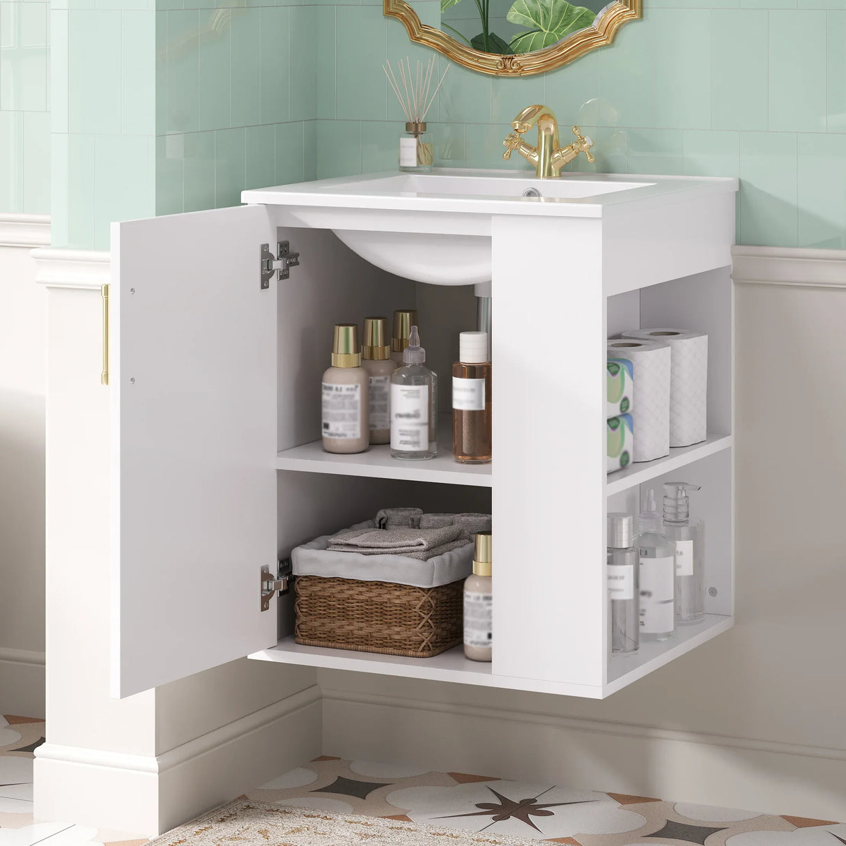 Modern Wall Mounted Bathroom Cabinet With Ceramic Sink - Omega Lifestyles
