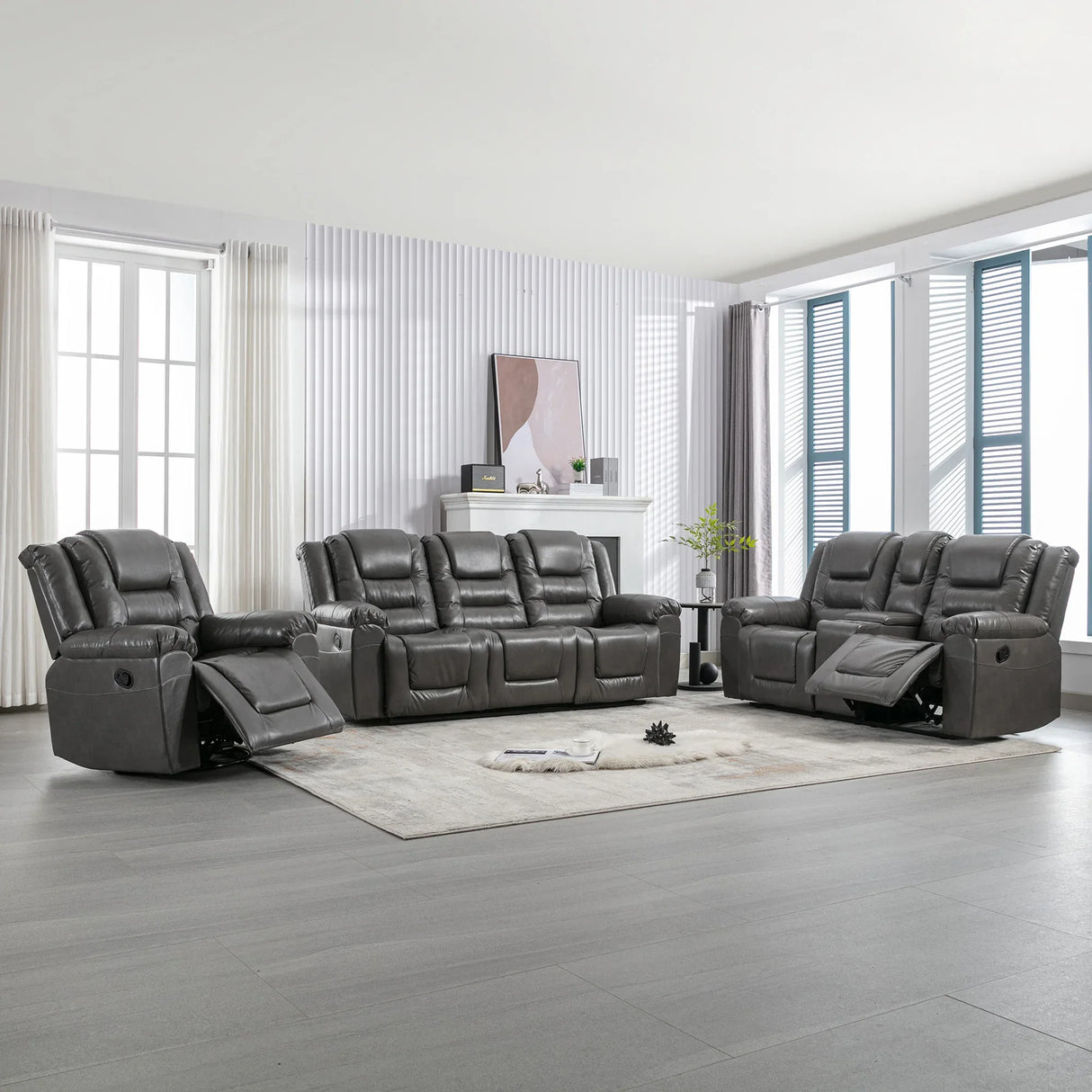 Grey Manual PU Upholstered Home Theater Recliner Chair Set - Omega Lifestyles