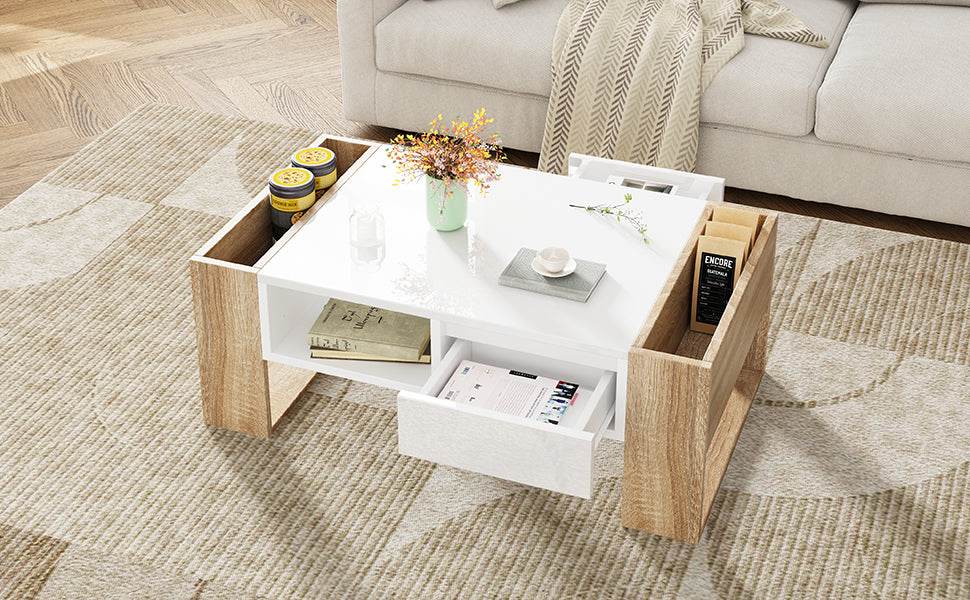 High Glossy White Coffee Table With Drawers - Sleep Galleria