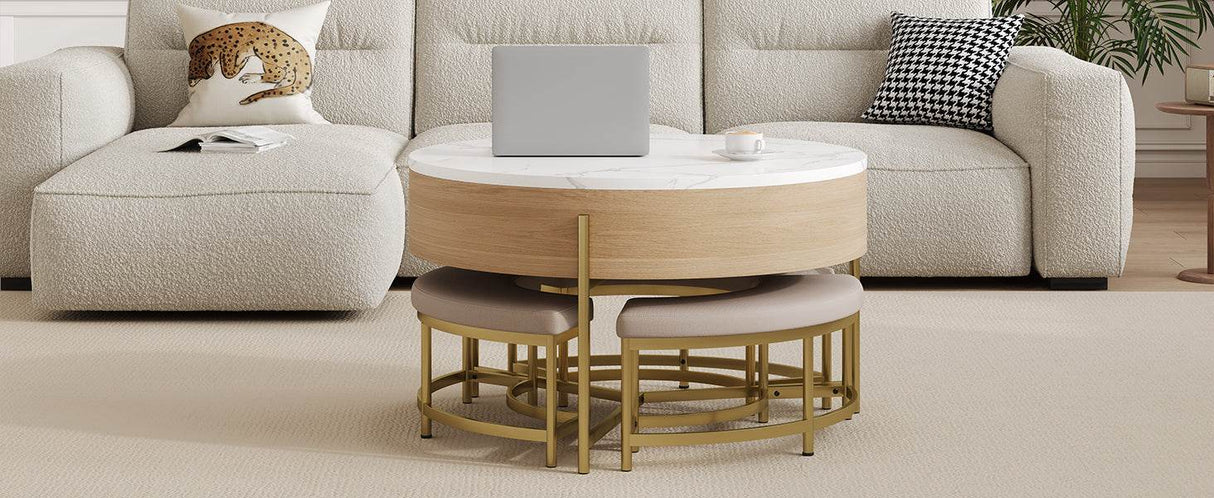 Modern Round Lift-Top Coffee Table With Storage And Ottomans - Sleep Galleria
