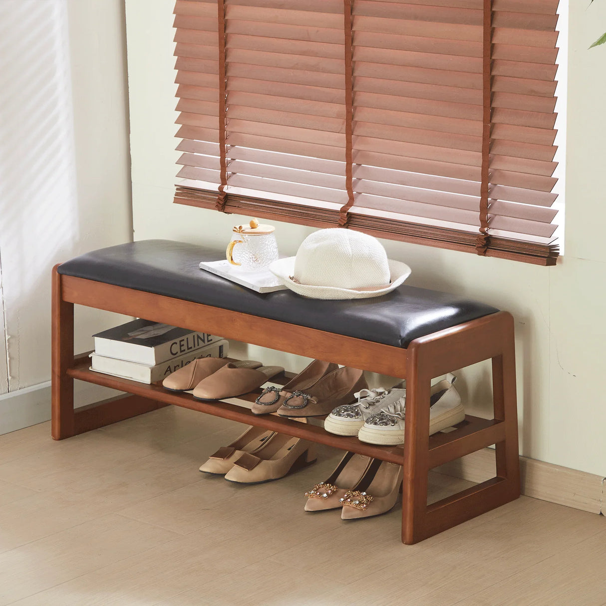 Walnut Rubber Wood Shoe Stool With Flip-Top Storage Bench - Omega Lifestyles