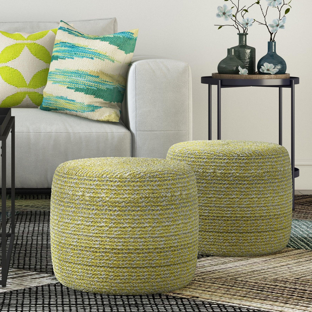 Round Braided Cotton Fabric Pouf Accent Seating Stool - Omega Lifestyles