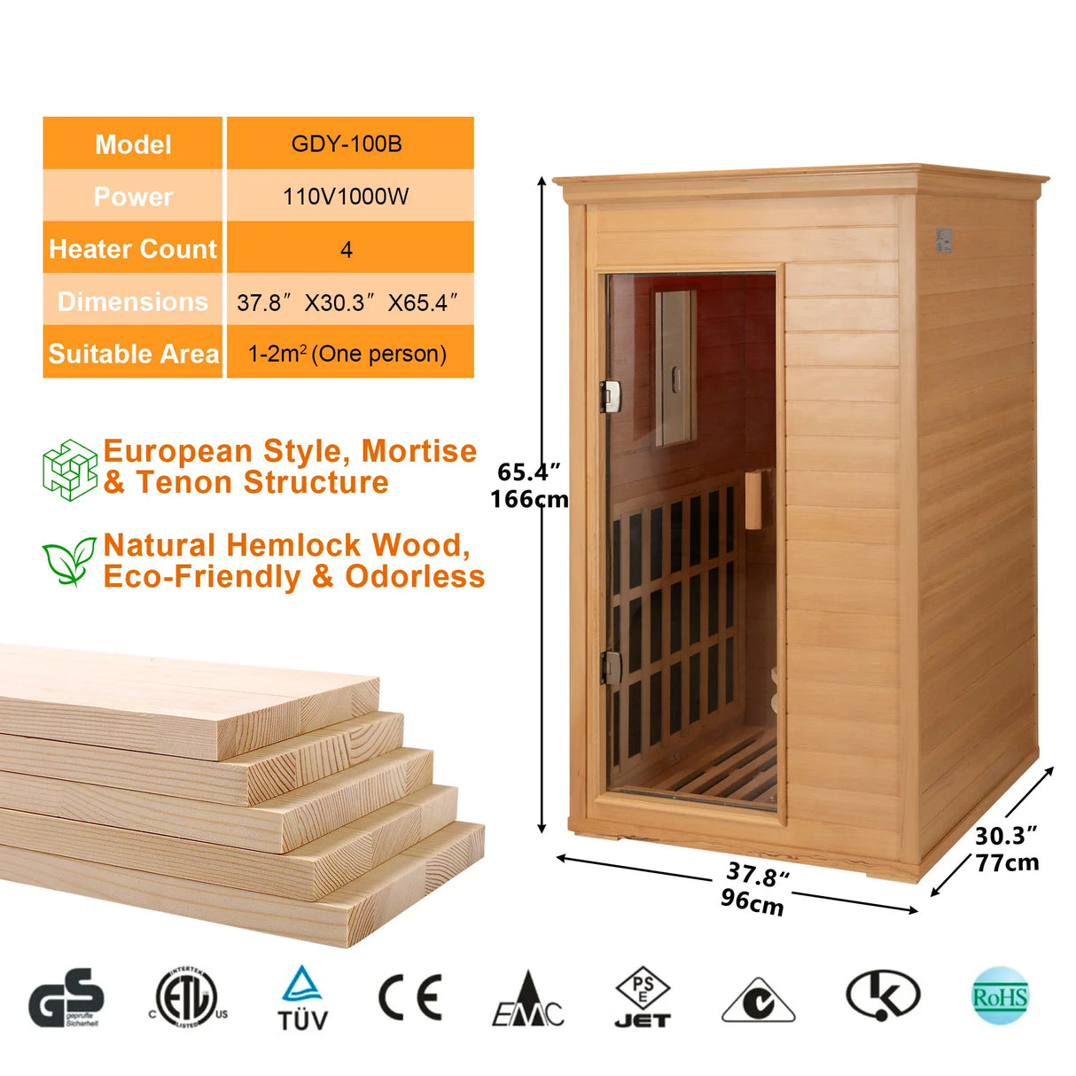 Infrared 1-Person Hemlock Wood Dry Sauna With Bluetooth - Omega Lifestyles