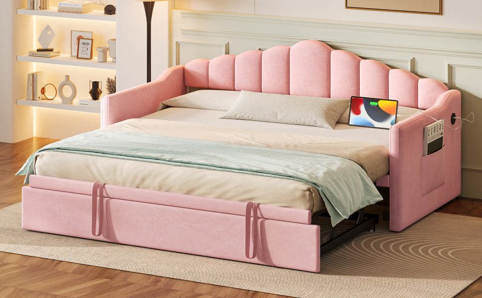Upholstered Twin Velvet Daybed With Adjustable Trundle And Charging - Omega Lifestyles