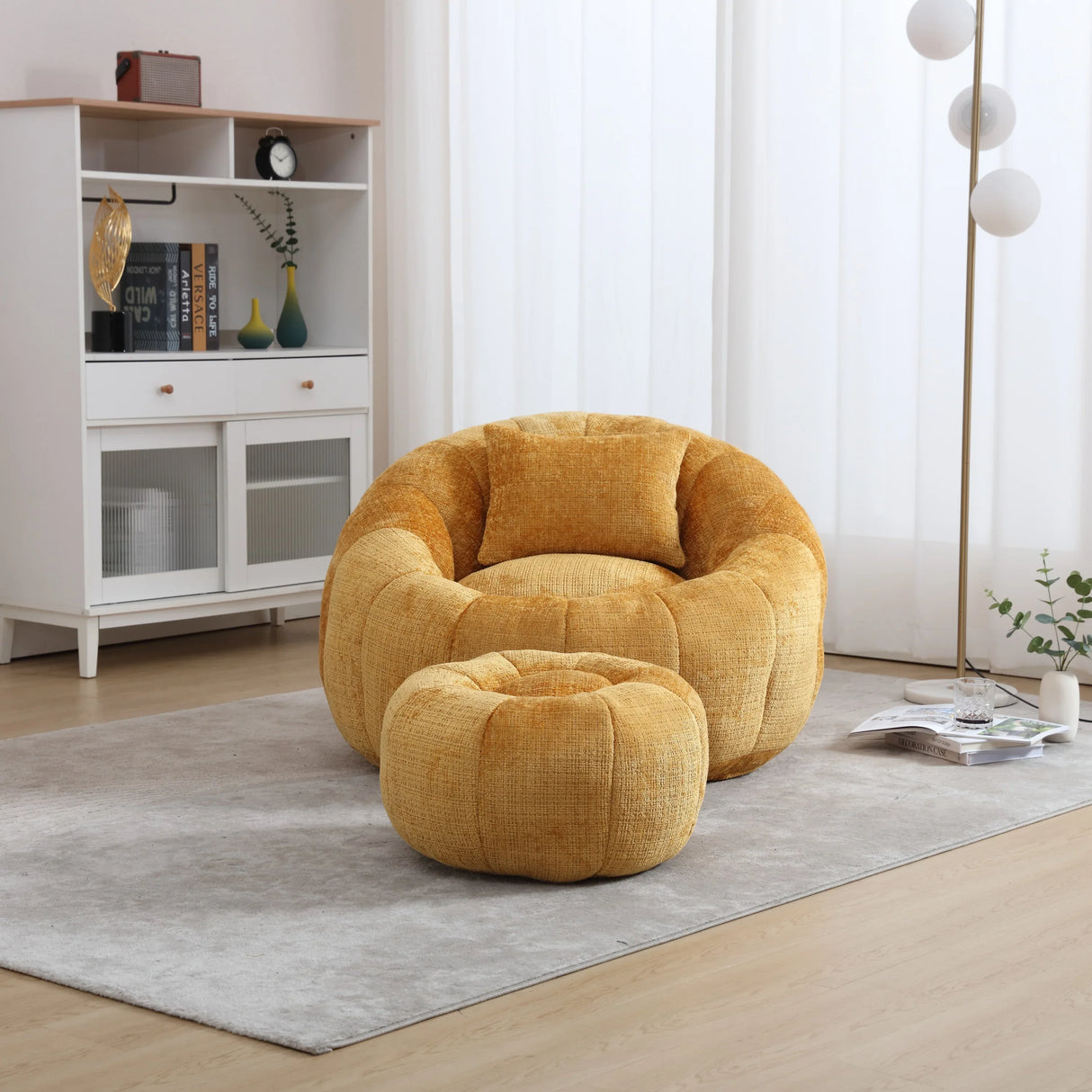 Chenille Memory Foam Pumpkin Shape Lounge Chair With Ottoman - Omega Lifestyles
