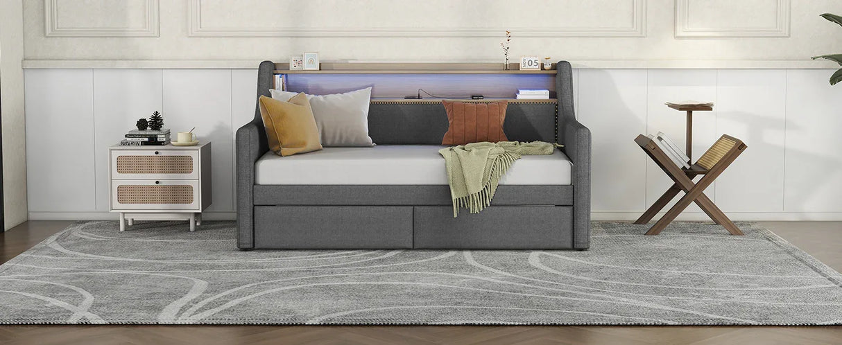 Twin Linen Upholstered Daybed With Storage Drawers Charging Station - Omega Lifestyles