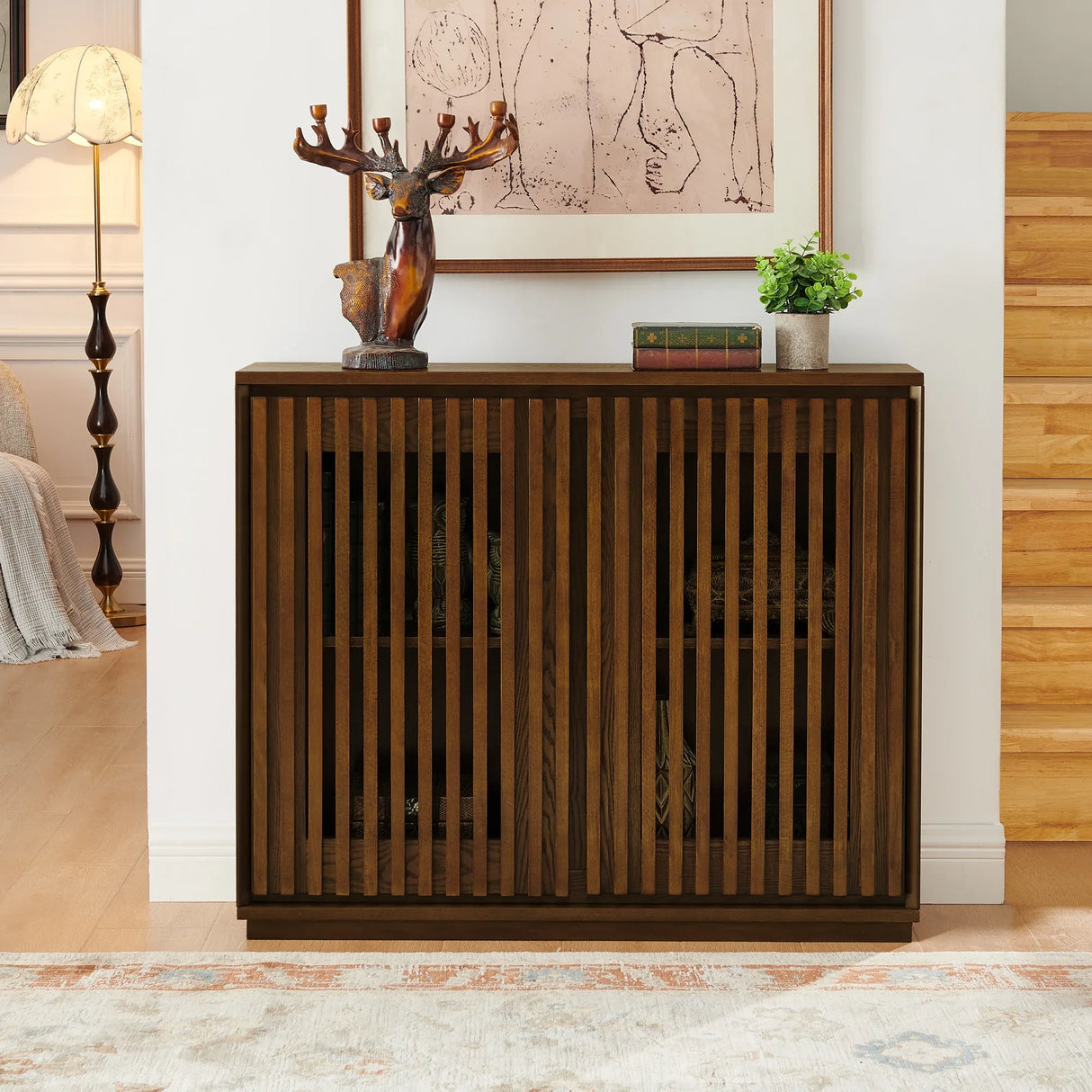 Mid Century Modern Fluted Walnut Solid Wood Sideboard Cabinet - Omega Lifestyles