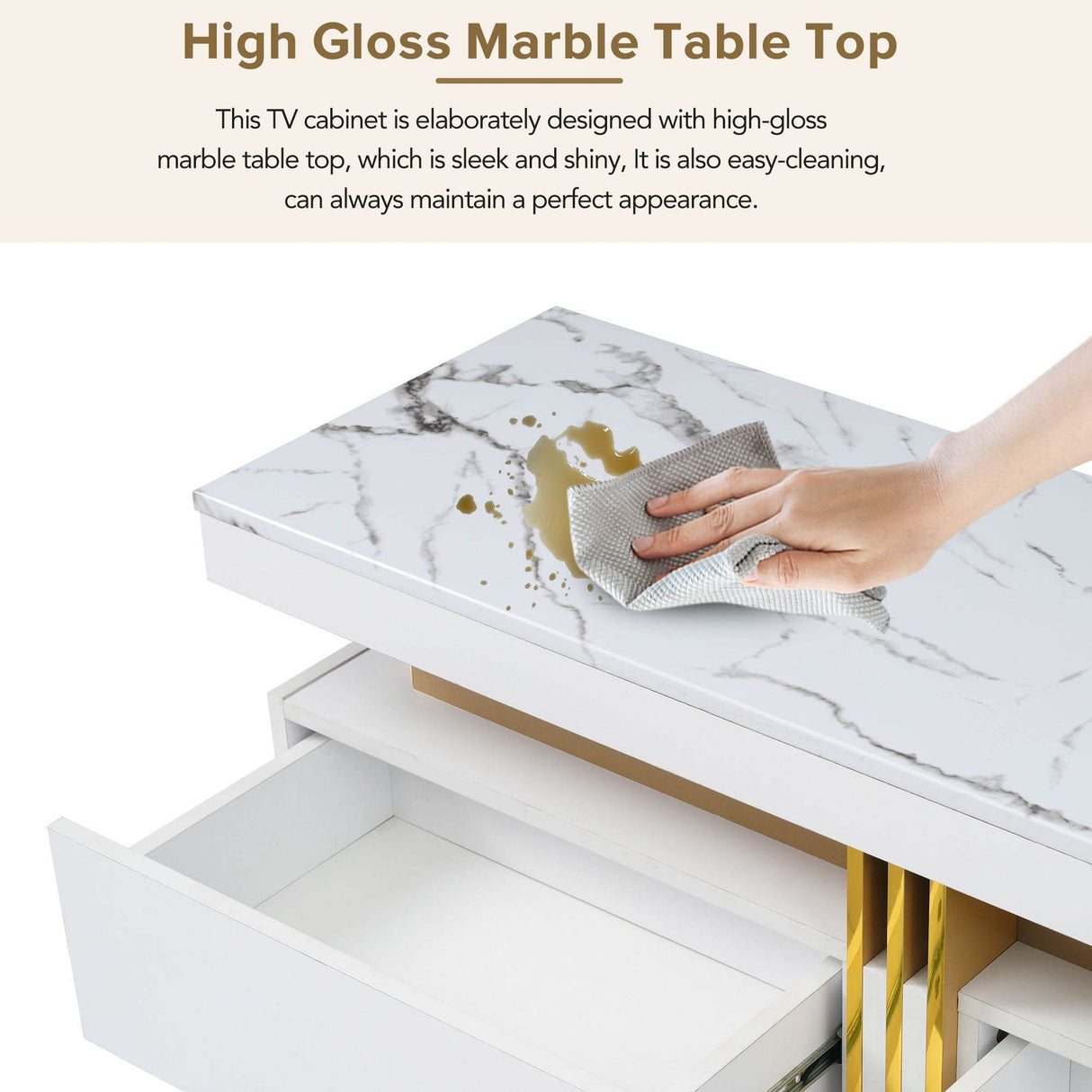 High Gloss White Marble TV Stand With Drawers - Sleep Galleria
